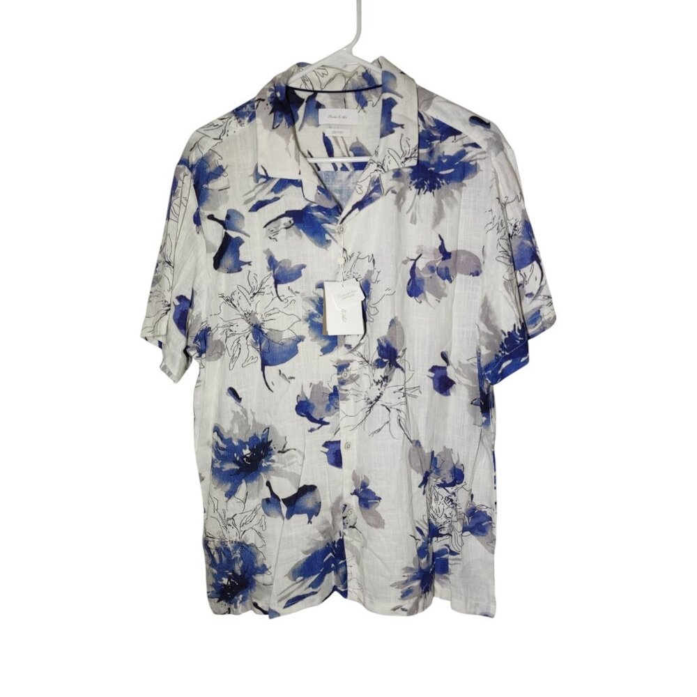 Porter & Ash Men's White Blue Floral Hawaiian Button Down Short Sleeve Top L NWT